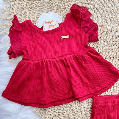 Conj. Blusa Manga Rendada e Short Anarruga - Vermelho